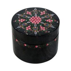Floral Abundance,'Black and Pink Floral Round Lacquered Box'
