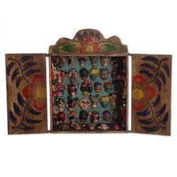 'Mask Collection' - Unique Wood Retablo Folk Art Sculpture