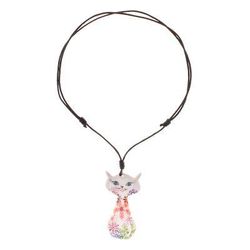 Daisy Cat,'Ceramic Floral Cat Pendant Necklace from Thailand'