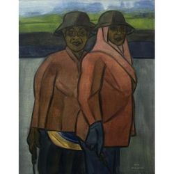 Two Farmers,'Signed Expressionist Painting of Two Farming Women from Bali'
