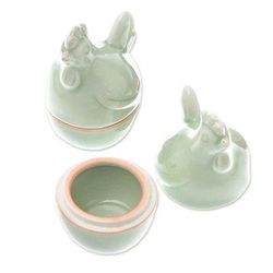 Hen Breakfast,'Celadon Ceramic Hen Egg Cups from Thailand (Pair)'