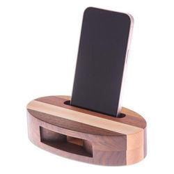 'Hand-Carved Oval Brown Walnut and Maple Wood Phone Speaker'