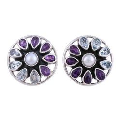 'Star-Shaped Multi-Gemstone Button Earrings from India'