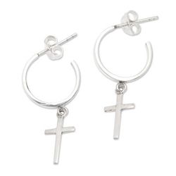 Balance Cross,'Cross-Themed Modern Sterling Silver Half-Hoop Earrings'