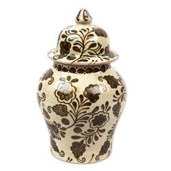 Brown Crosshatch Blossoms,'Beige & Brown Handmade Talavera Style Decorative Ginger Jar'