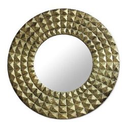 Circling Pyramids,'Antiqued Embossed Brass Circular Wall Mirror from India'