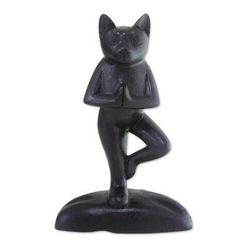 Wood sculpture, 'Black Cat Tree Pose Yoga' - Suar Wood Sculpture
