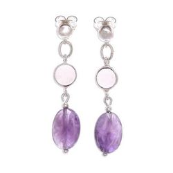 Lilac Season,'Rose Quartz and Faceted Amethyst Post Dangle Earrings'