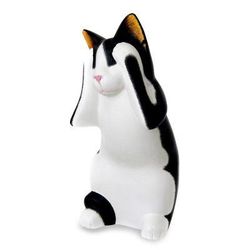 Wood sculpture, 'See No Evil Spotted Cat' - Handcrafted Wood Sculpture