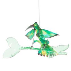 'Hand-Painted Recycled Plastic Mobile of a Green Hummingbird'