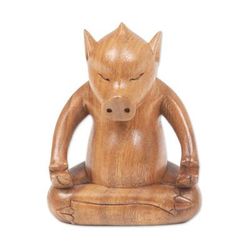 Gentle Master,'Handmade Brown Suar Wood Pig Statuette from Bali'