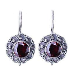 Silver and Garnet Sunflower Drop Earrings from Bali 'Singaraja Sunflower Red'
