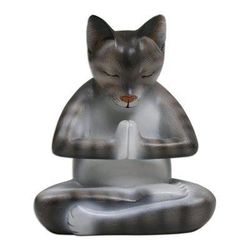 Meditating Kitty in Grey,'Wood Meditating Cat Sculpture in Grey and White from Bali'