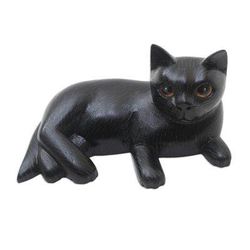 Feline Friend in Black,'Hand Crafted Suar Wood Cat Statuette'