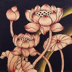 Peaceful Lotus III,'Signed Folk Art Painting of Thai Golden Lotus Blossoms'