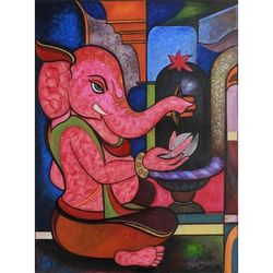 'Worshipping Ganesha' Red Ganesha Painting from India