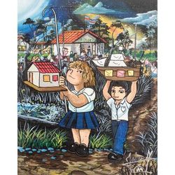 Lanterns,'Signed Stretched Acrylic Naif Painting of Kids and School'