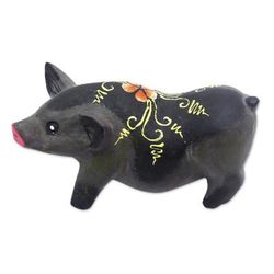 Cute Piggy,'Pig Wood Figurine Hand-carved & Hand-painted in Indonesia'