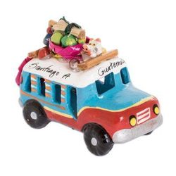 Blue and Red Old Time Bus,'Guatemala 3 Inch Red and Blue Ceramic Bus Figurine'