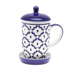 Proud Pineapple,'Blue Pineapple Ceramic Mug and Saucer Set with Lid'