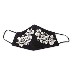 Flower Garden in Ivory,'Reusable and Washable Black Cotton Floral Face Mask'