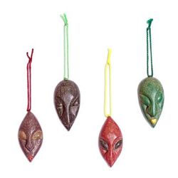 Ancestral Voices,'Set of 4 Ofram Wood African Mask Ornaments Handmade in Ghana'