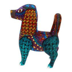 'Colorful Wood Alebrije Dog Figurine Hand-Painted in Mexico'