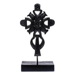 'Hand-Carved Floral Mango Wood Cross Sculpture from Thailand'