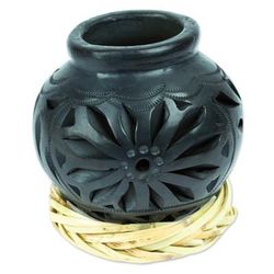 Oaxaca Pottery Blossom,'Mexican Barro Negro Decorative Vase with Floral Details'