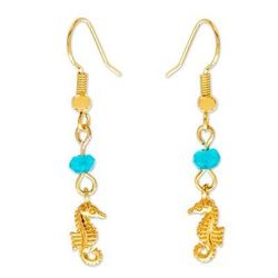 Baby Seahorse,'14K Gold Plated Seahorse Earrings with Agate Beads'