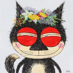 Flora Black Cat,'Signed Naif Painting of a Black Cat from Thailand'