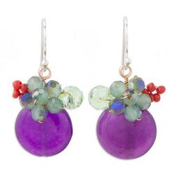 Moonlight Garden in Purple,'Purple Quartz and Glass Bead Dangle Earrings with Copper'