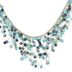 Fantasy Rain in Blue,'Glass Beaded Waterfall Necklace in Blue from Thailand'
