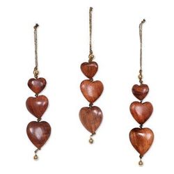 Wood ornaments, 'Joyous Hearts' (set of 3)