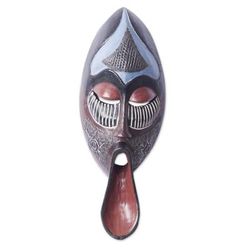 Ancestral Chant,'African Sese Wood Mask in Blue with Repousse Aluminum'