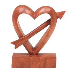 Fall in Love,'Hand-Carved Natural Wood Heart Statuette from Bali'