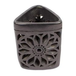 Oaxacan Dusk,'Oaxaca Barro Negro Triangular Floral Ceramic Pencil Holder'