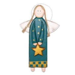 Folk Art Angel in Green,'Green and Gold Wooden Angel Ornament'