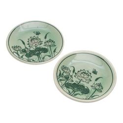 'Pair of Celadon Ceramic Saucers Hand-Crafted in Thailand'