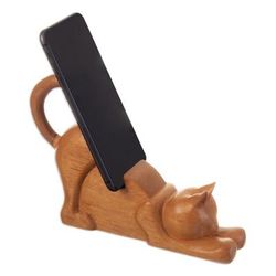 'Cat-Themed Hand-Carved Cedar Wood Phone Holder from Peru'