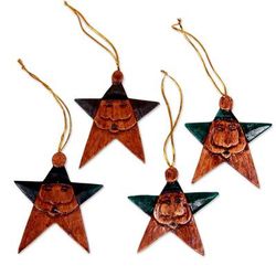 Wood ornaments, 'Green Santa Stars' (set of 4)