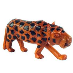 African Leopard,'Hand Carved and Painted Wood Sculpture of an African Leopard'