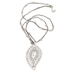 Miana Leaves,'Sterling Silver and Cultured Pearl Pendant Necklace'