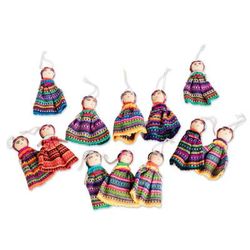 Worry Doll Dancers,'Hand Made Cotton Figurines and Bag (Set of 12) Guatemala'