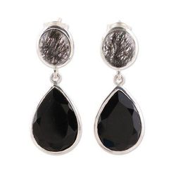 Alluring Onyx,'Black Onyx and Tourmalinated Quartz Dangle Earrings'