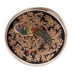 'Reverse-Painted Glass Peacock Tray in Silver from Peru'
