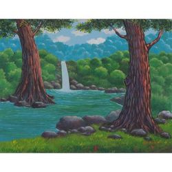 The Beauty of the River,'Acrylic on Canvas Landscape Painting of Waterfall from Java'