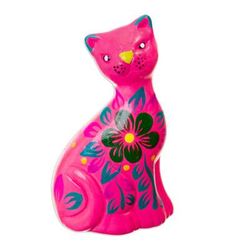 'Hand-Painted Pink Ceramic Cat Figurine with Floral Motif'