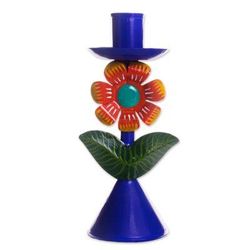 Highland Flower in Blue,'Floral Recycled Metal Candle Holder in Blue from Peru'