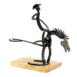 Equestrian Bottle,'Handcrafted Oak Wood and Horseshoe Bottle Holder from Mexico'